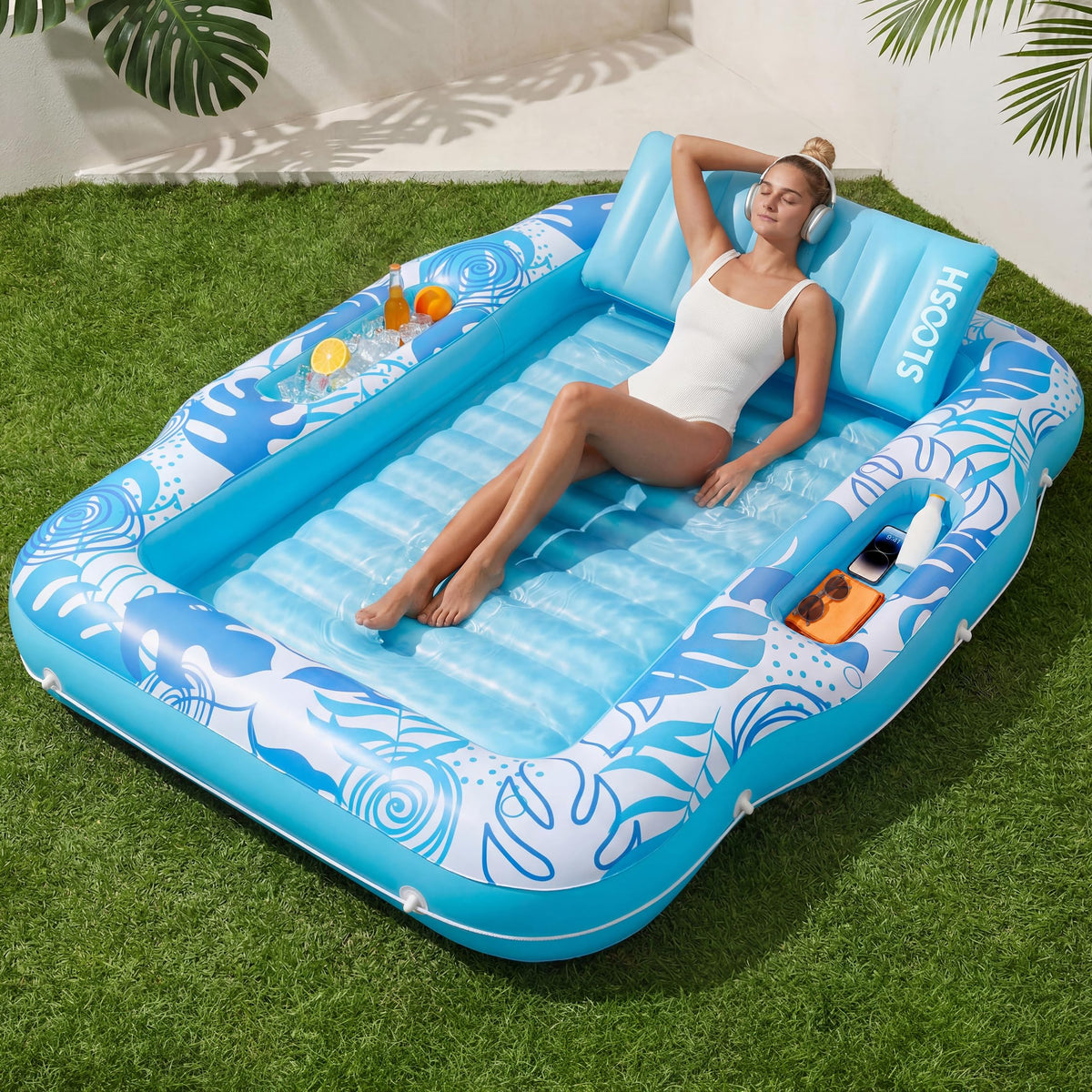 Sloosh tanning pool lounger 70x53 for solo backyard sunbathing.
