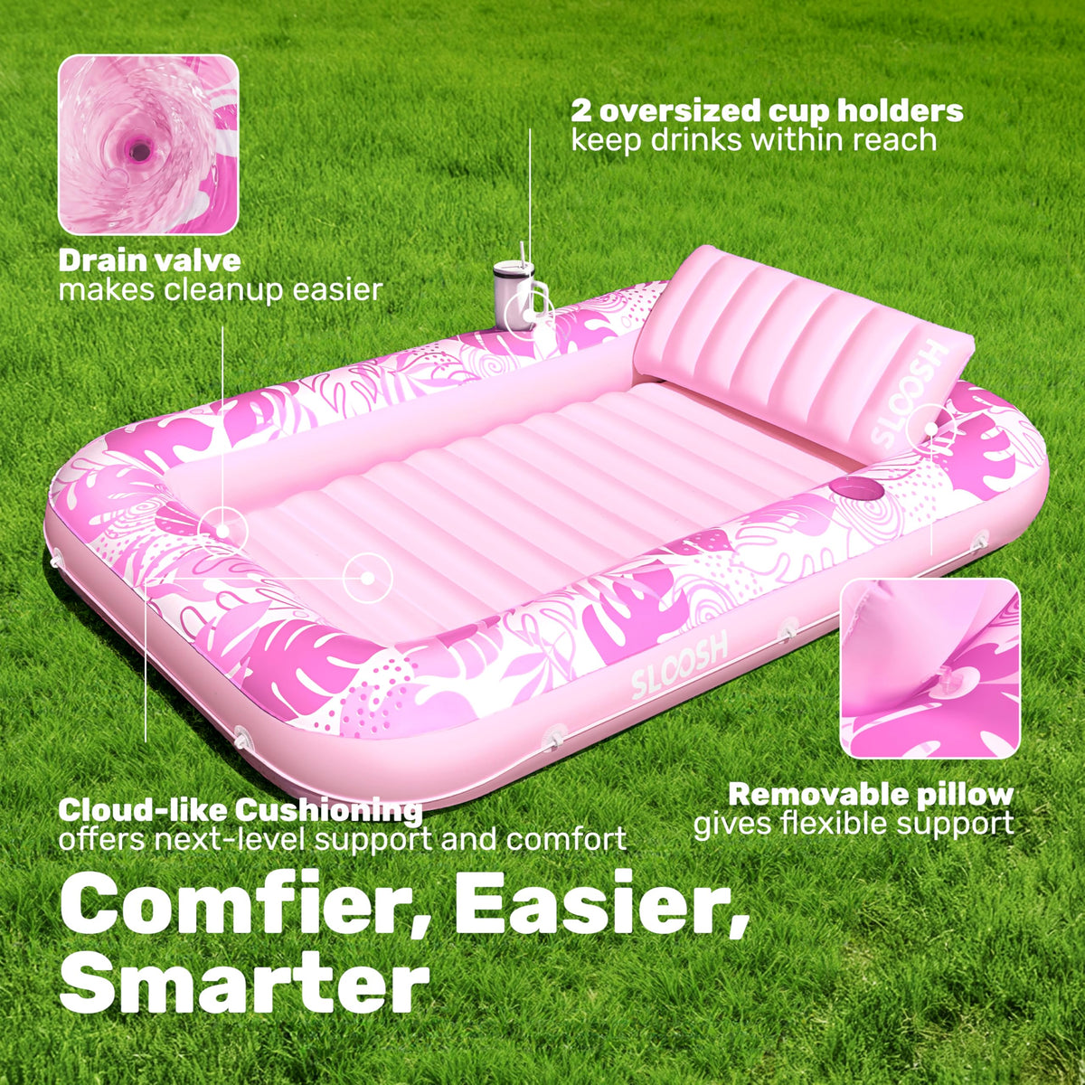 Sloosh tanning pool lounger features two drink holders for refreshment.