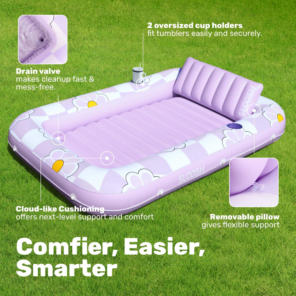 Sloosh tanning pool lounger drink holders enhance solo recreation.