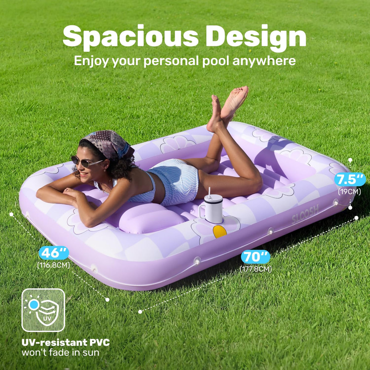 Sloosh tanning pool lounger pillow removable for adjustable comfort.