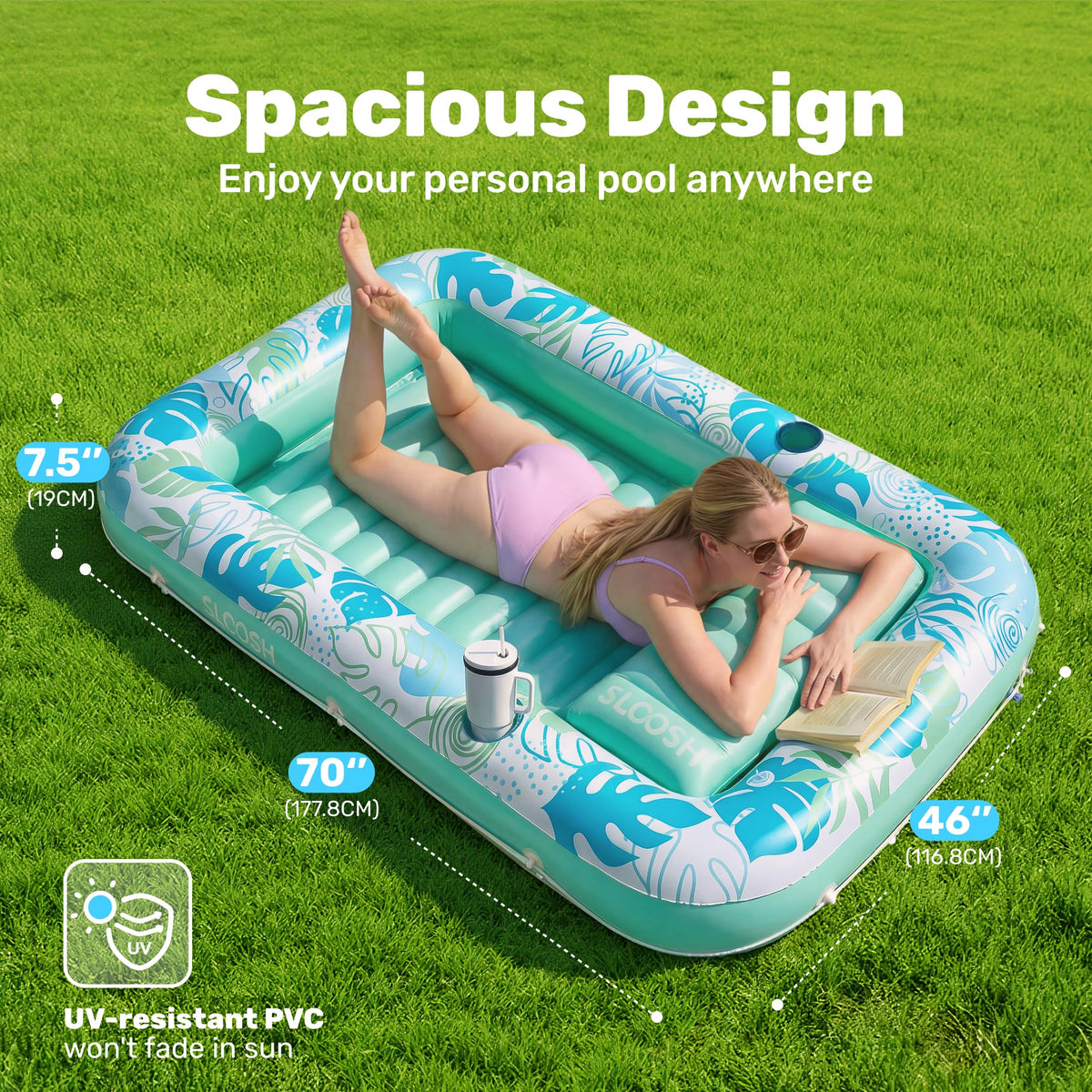 Sloosh tanning pool lounger with removable pillow for neck comfort during sunbathing.