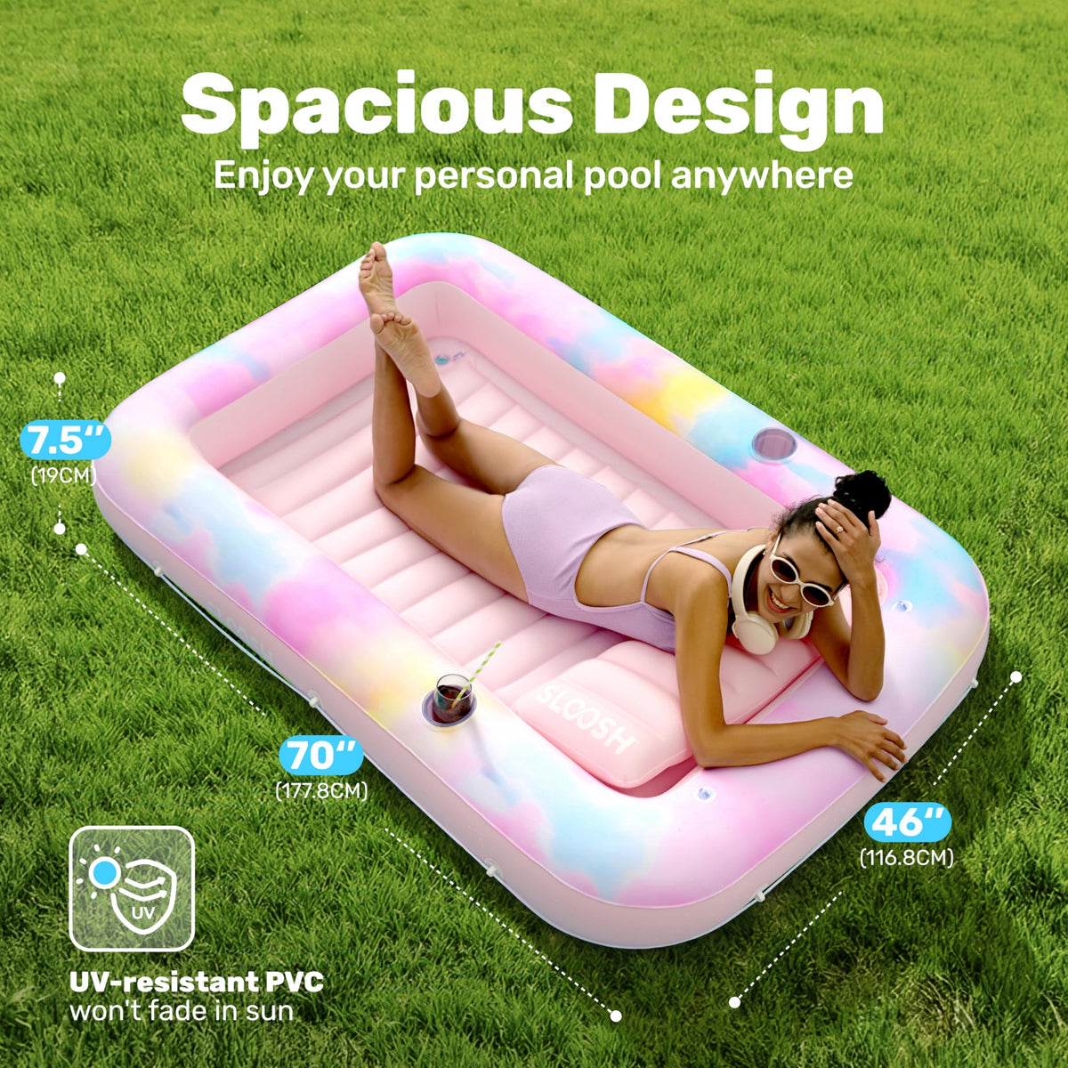 Sloosh tanning pool lounger with removable pillow for comfortable head support