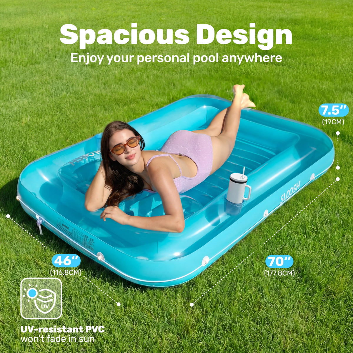 Sloosh tanning pool lounger with removable pillow for neck support