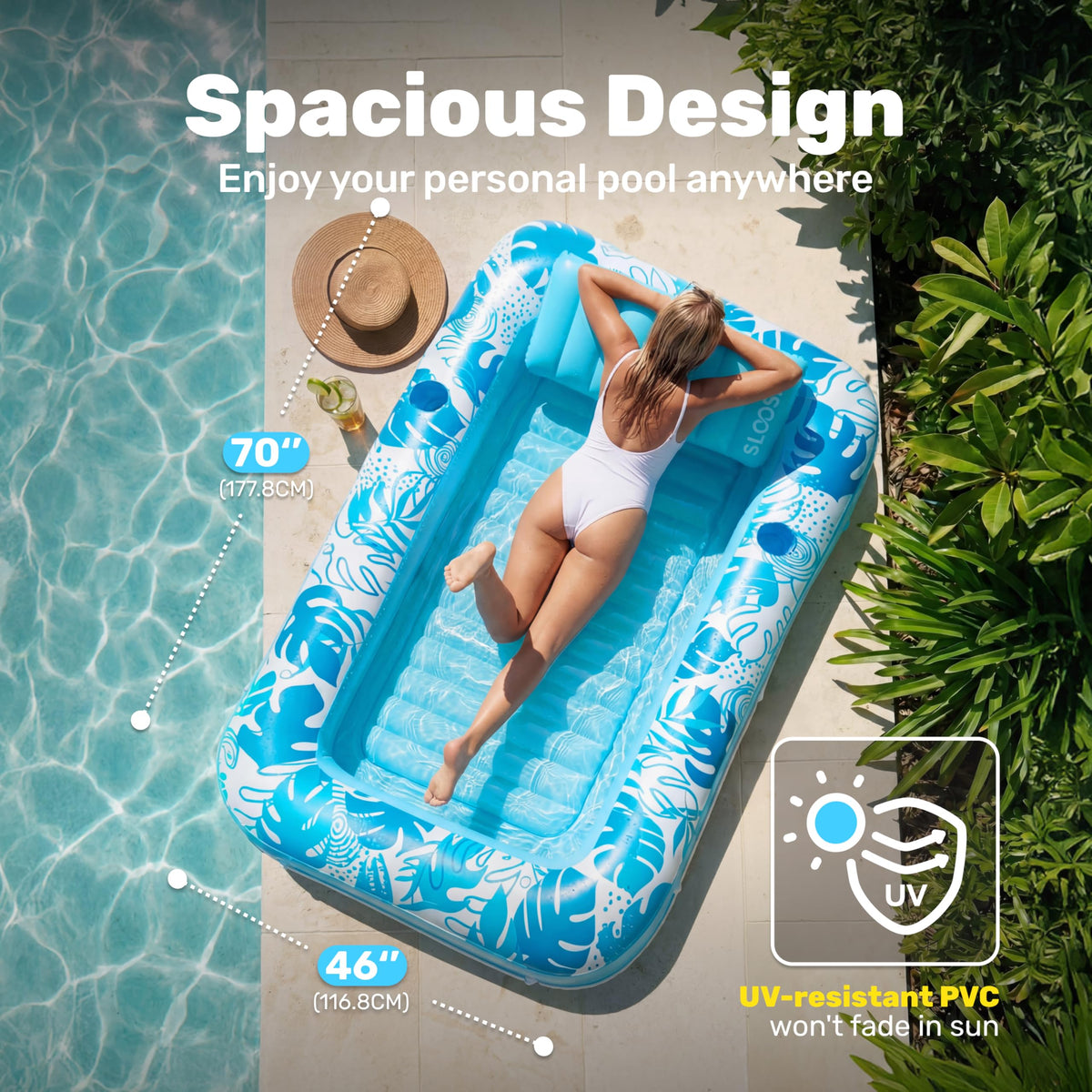 Sloosh tanning pool lounger with removable pillow for customizable comfort.