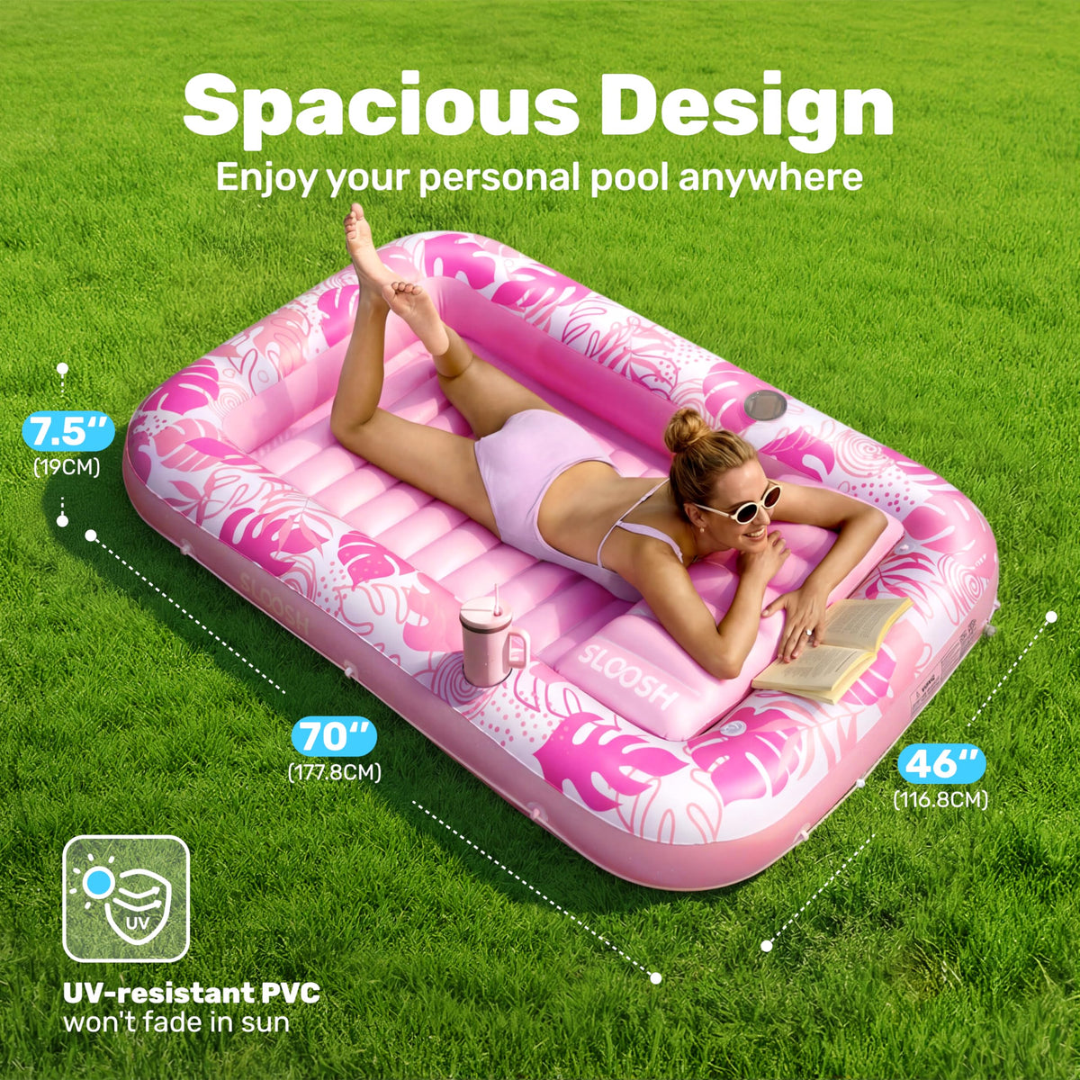 Sloosh tanning pool lounger with ribbed cushion base supports comfy solo lounging.