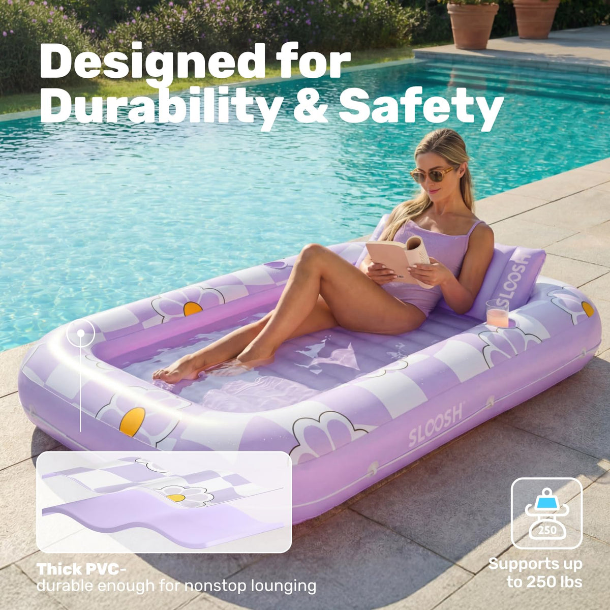 Sloosh tanning pool lounger wrap-around rope adds stability.