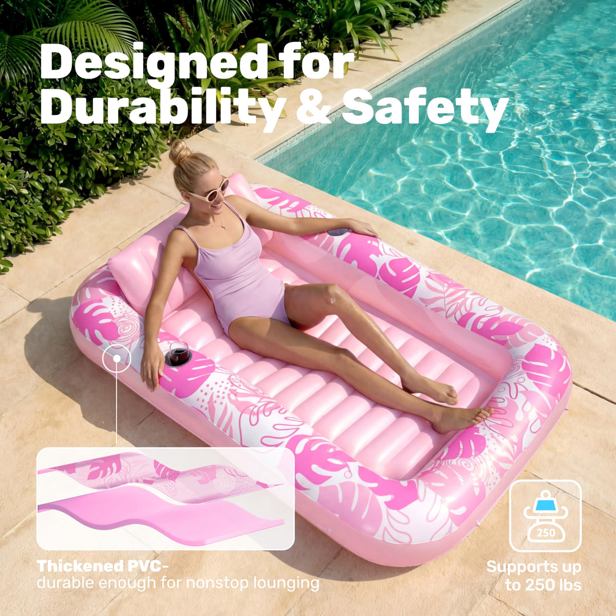 Sloosh tanning pool lounger wraparound rope adds stability.