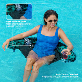 Sloosh tropical leaves design enhances poolside aesthetics and party vibes.