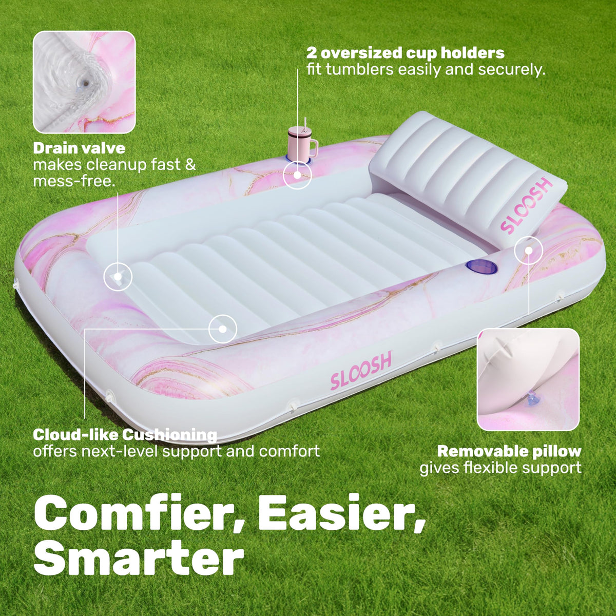 Sloosh two drink holders and stability rope enhance solo pool lounging.