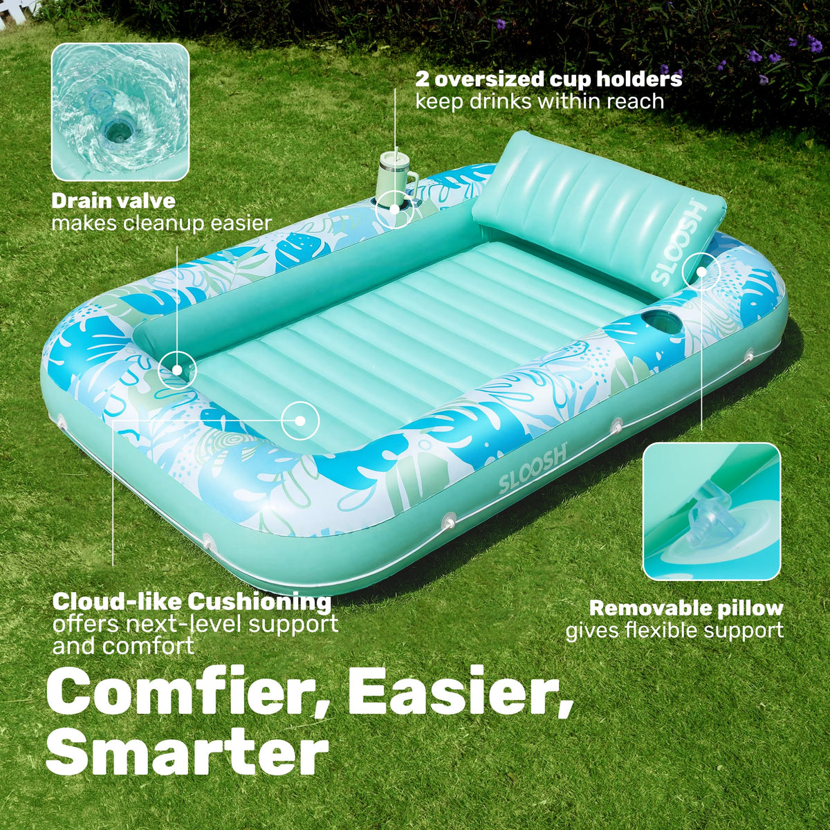 Sloosh tanning pool features two drink holders for convenient refreshment.