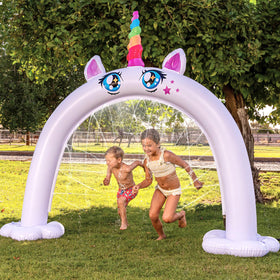 Sloosh unicorn arch sprinkler in action for magical outdoor play