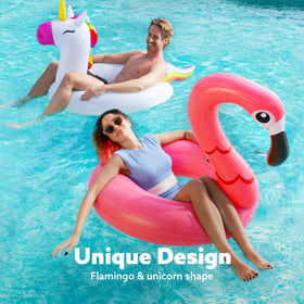 Sloosh unicorn and flamingo floats, side view, great for photo moments by the pool.