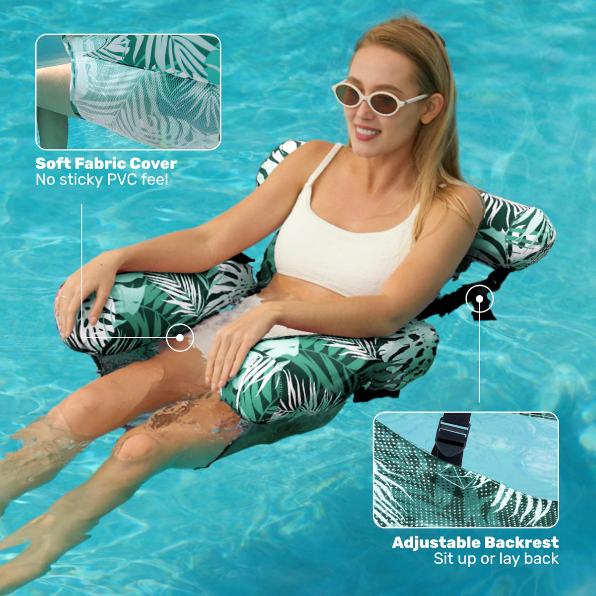 Sloosh water chairs green leaves pattern, great for casual poolside gatherings.