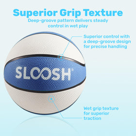 Sloosh blue and white, water-resistant basketball materials withstand splashes.