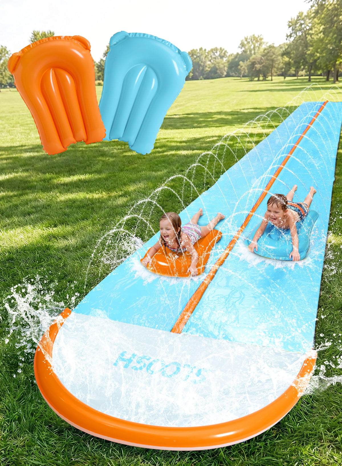Sloosh 32.5ft double-lane water slide in blue for family outdoor fun