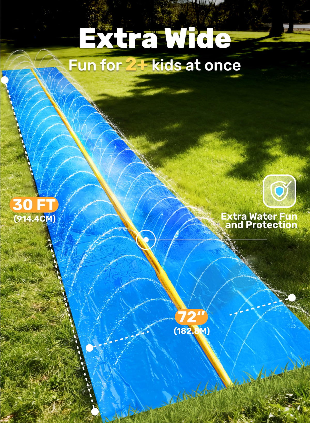 Sloosh water slide built in sprinkler highlights continuous cooling and extra splash.