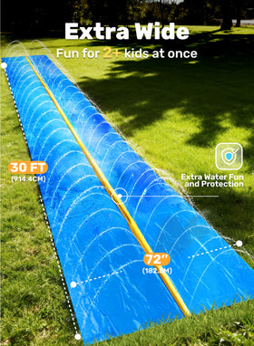 Sloosh water slide built in sprinkler highlights continuous cooling and extra splash.