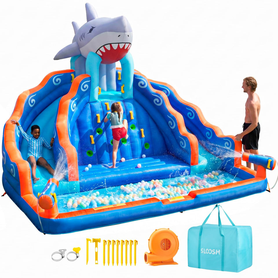 Sloosh inflatable water slide park setup in backyard for family fun and summer cooling.