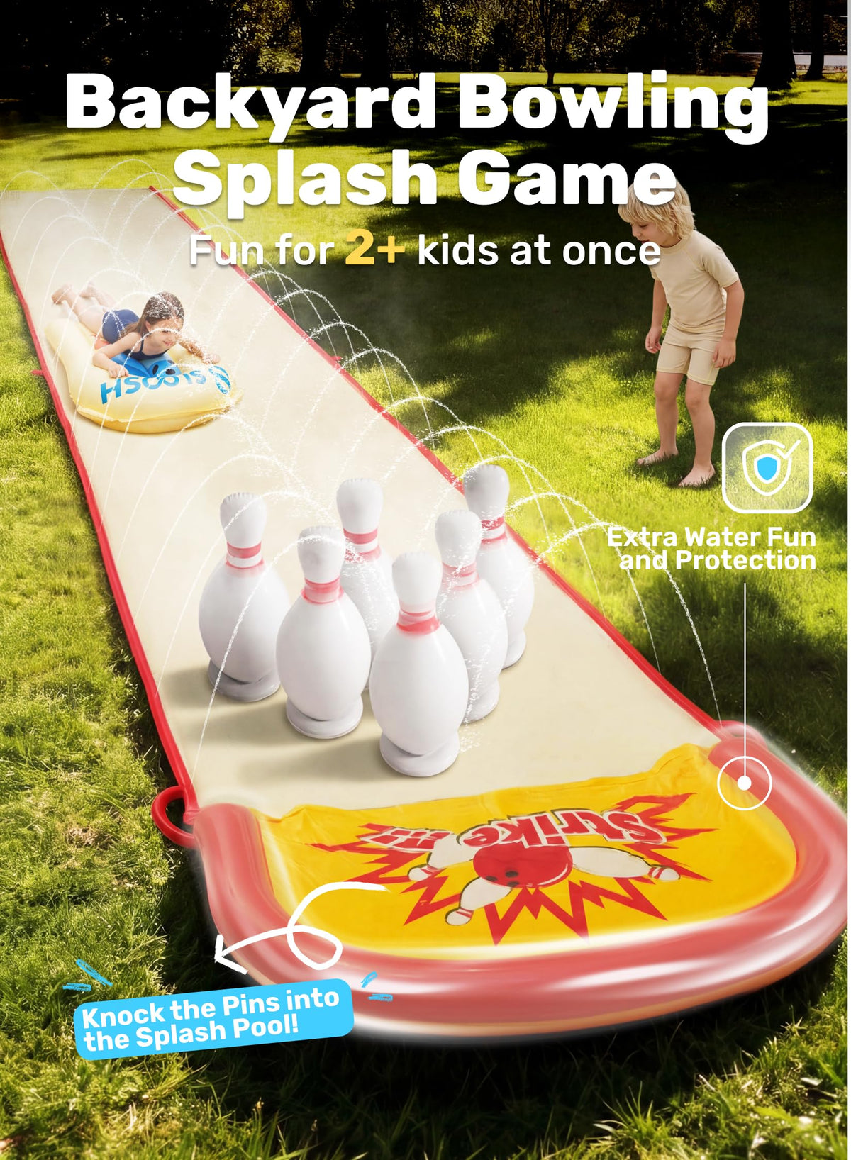 Sloosh water slide sprinkler system keeps track cool and splash-friendly.