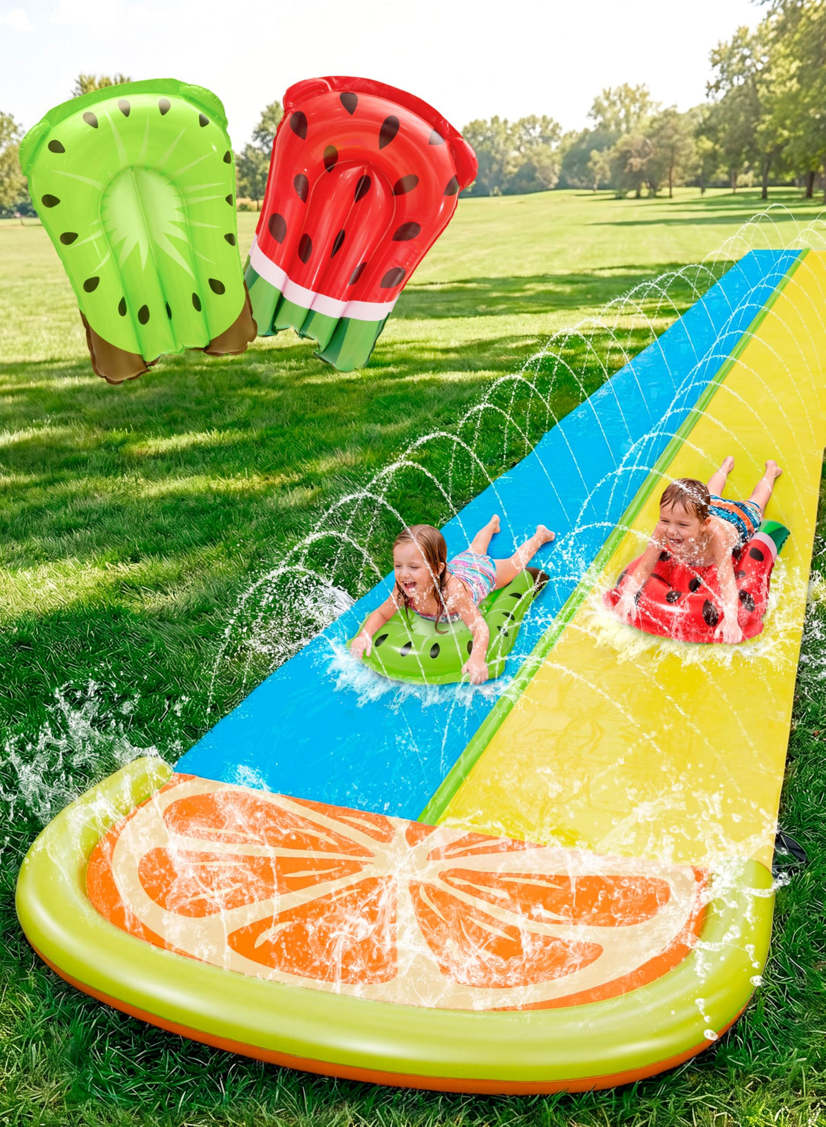 Sloosh water slide 22.5ft double lane orange for family backyard fun and friendly races.