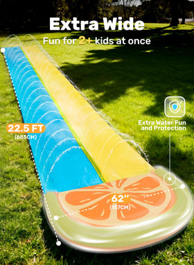 Sloosh built-in sprinklers providing wide water coverage for slippy summer play.