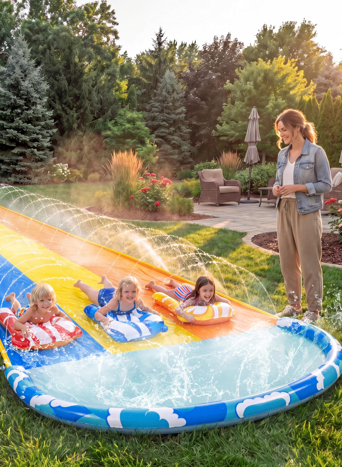 Sloosh Waves backyard scene with kids and adults enjoying
