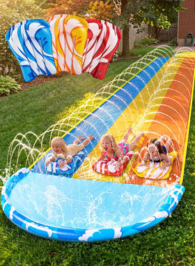 Sloosh Waves triple lawn water slide overview showing backyard-ready thrills