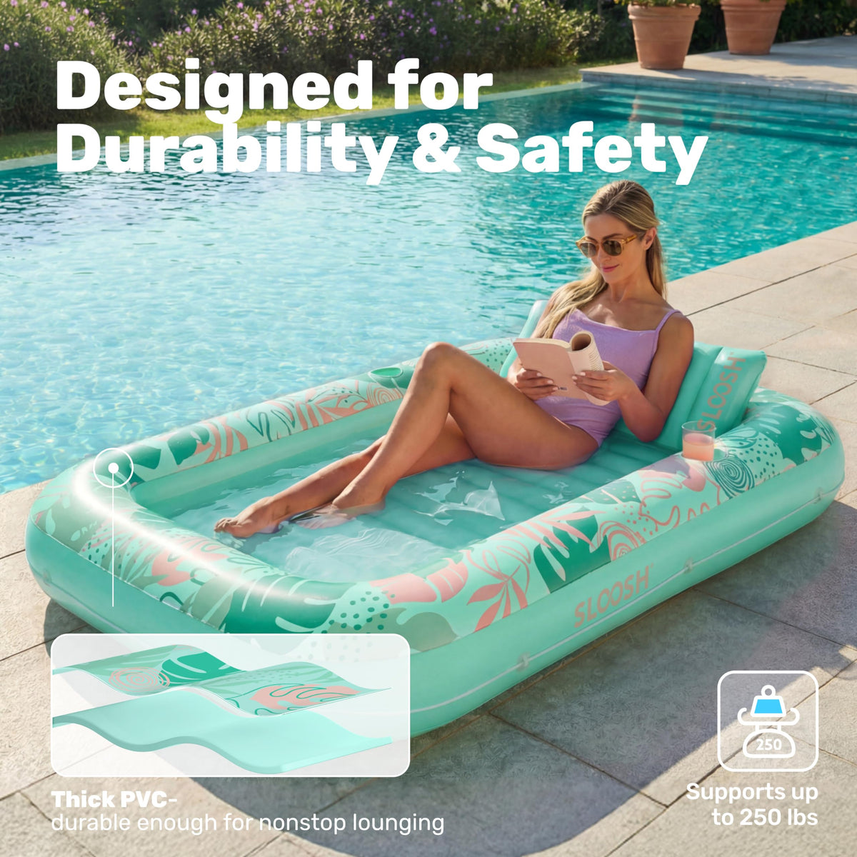 Sloosh wrap-around rope adds stability for calm, steady lounging in breezy spots.