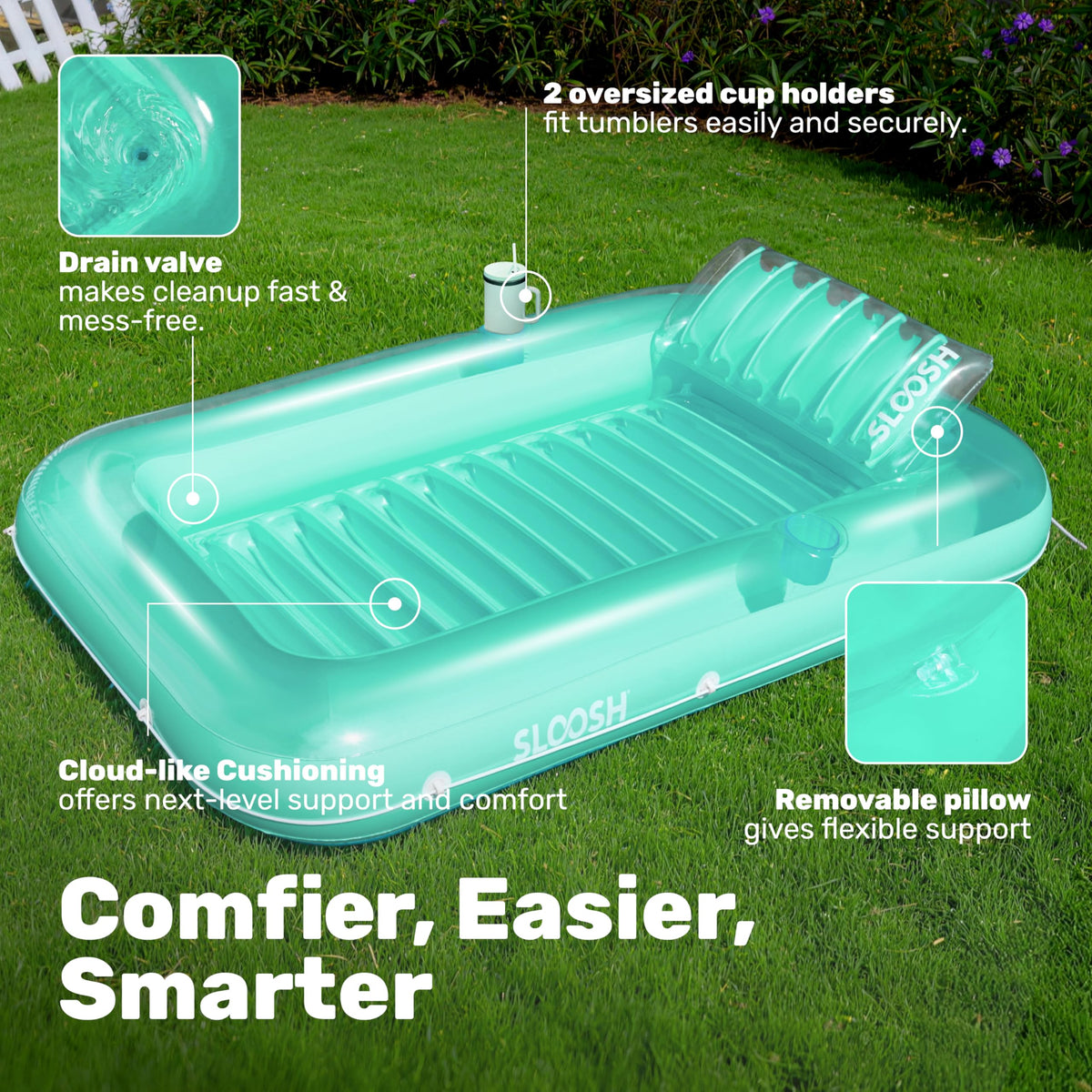 Sloosh pool lounger with wrap-around rope for stability.