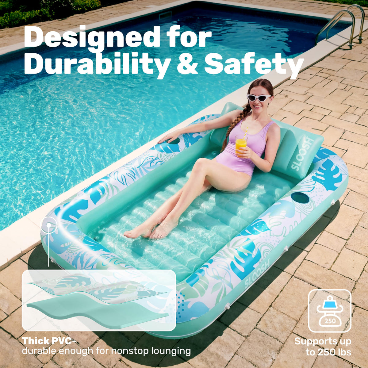 Sloosh wrap-around rope adds stability for solo lounging near water.