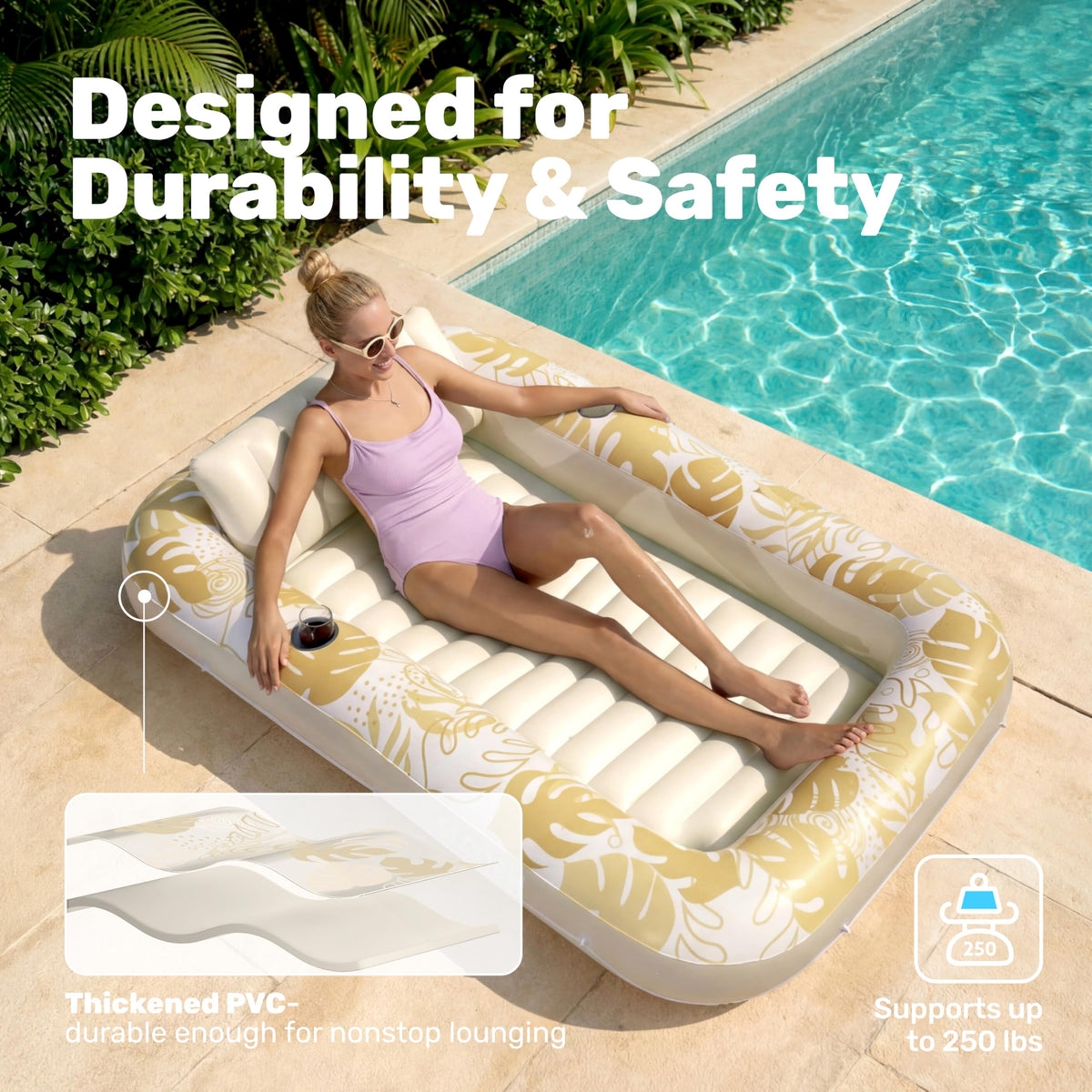 Sloosh wrap-around stability rope keeps the float steady in breeze.