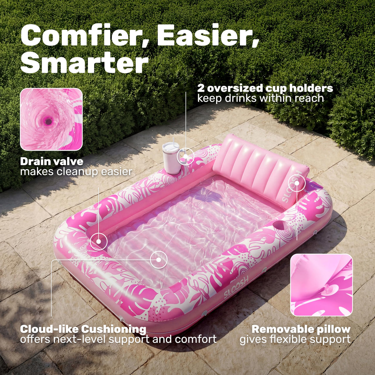 Sloosh pool lounger with two drink holders enhances social lounging.