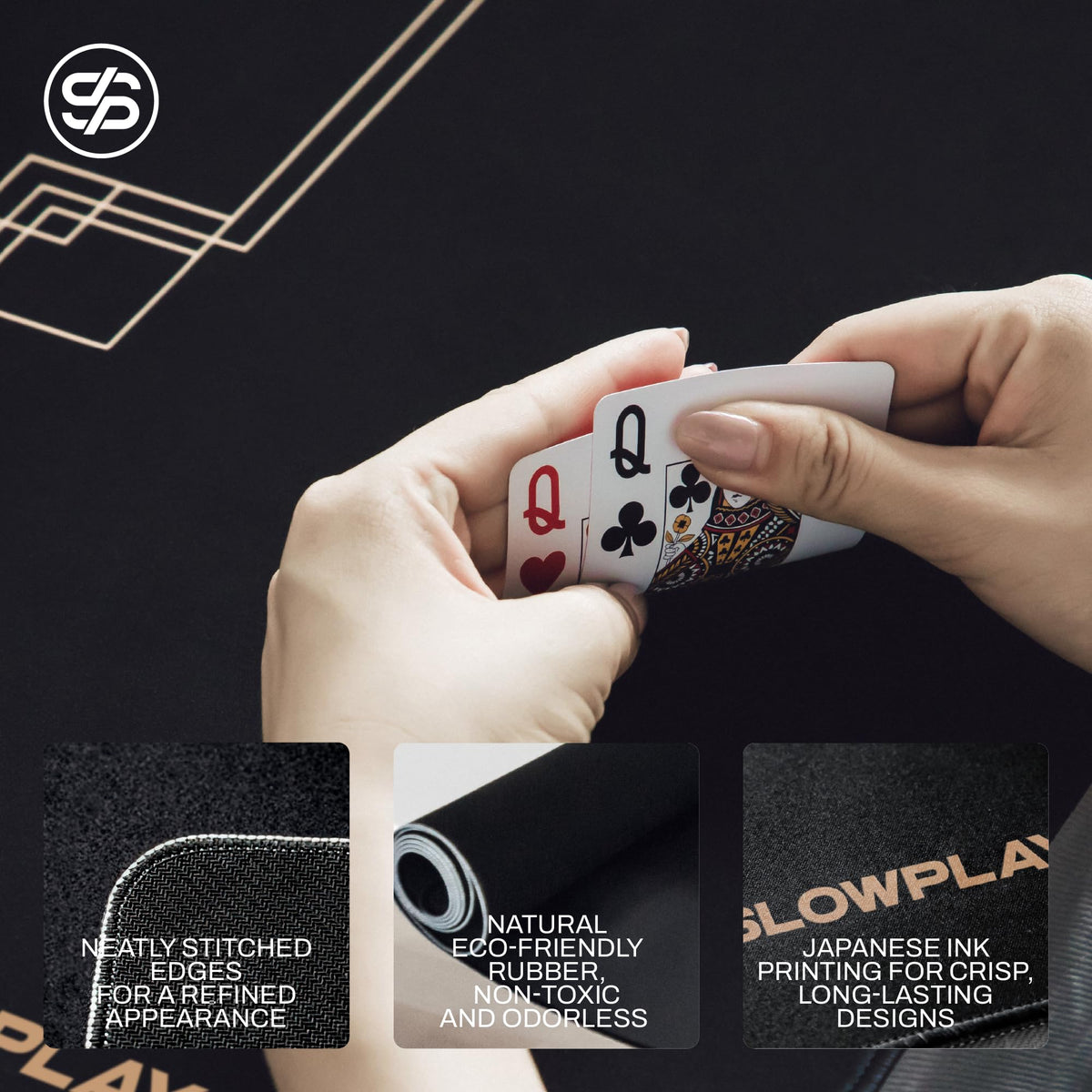 SLOWPLAY Godel Poker Mat japanese ink print resists fading during long sessions.