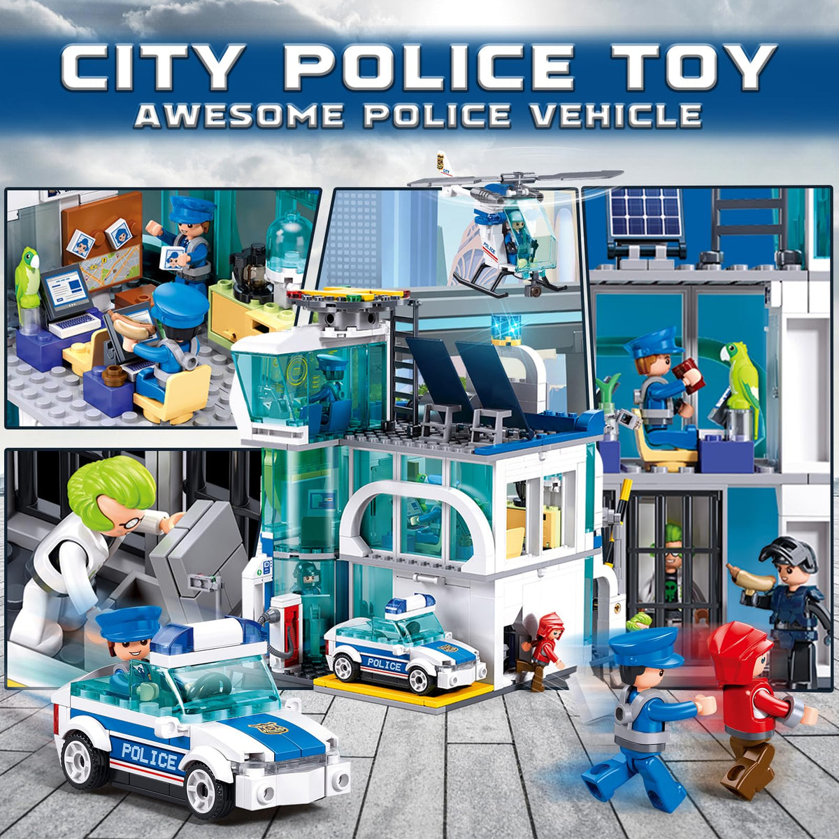 Sluban police station minifigures including officers, doctor, thief, and pilot