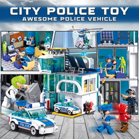 Sluban police station minifigures including officers, doctor, thief, and pilot
