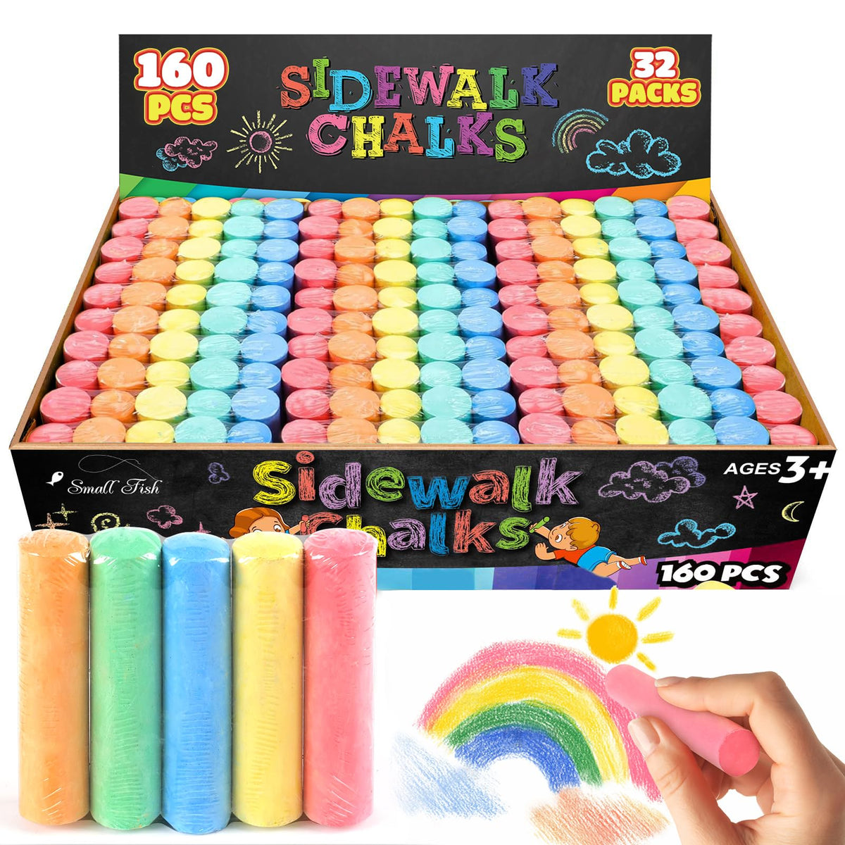 SMALL FISH 160pcs jumbo sidewalk chalk set for vibrant outdoor art on sidewalks.