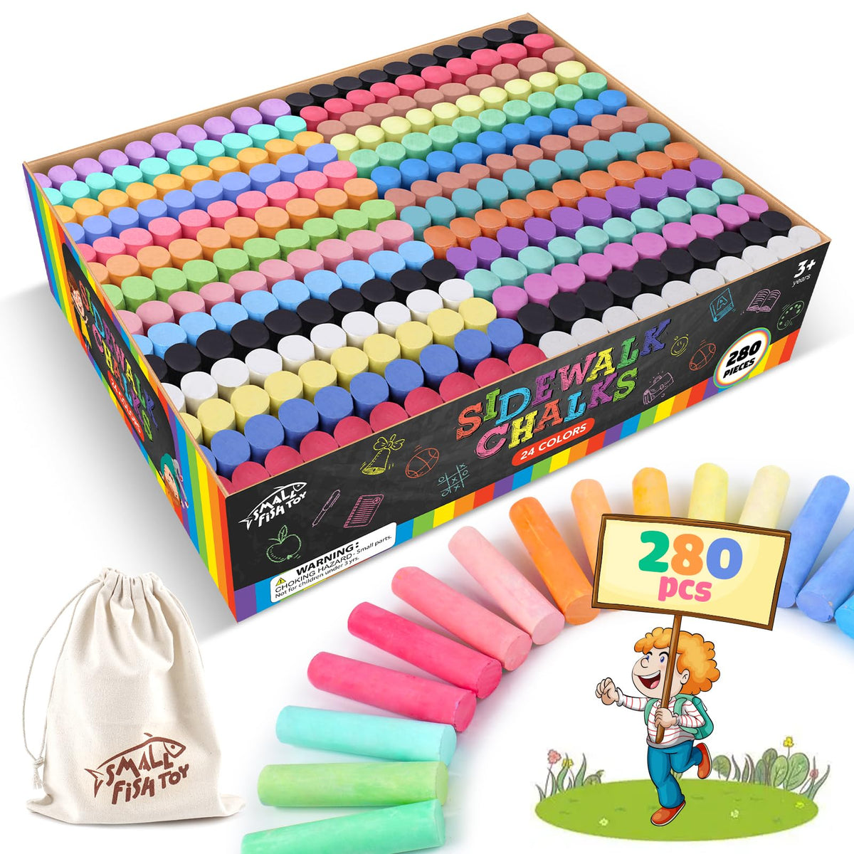 SMALL FISH 280pcs sidewalk chalk set packaged for easy transport and outdoor creativity.