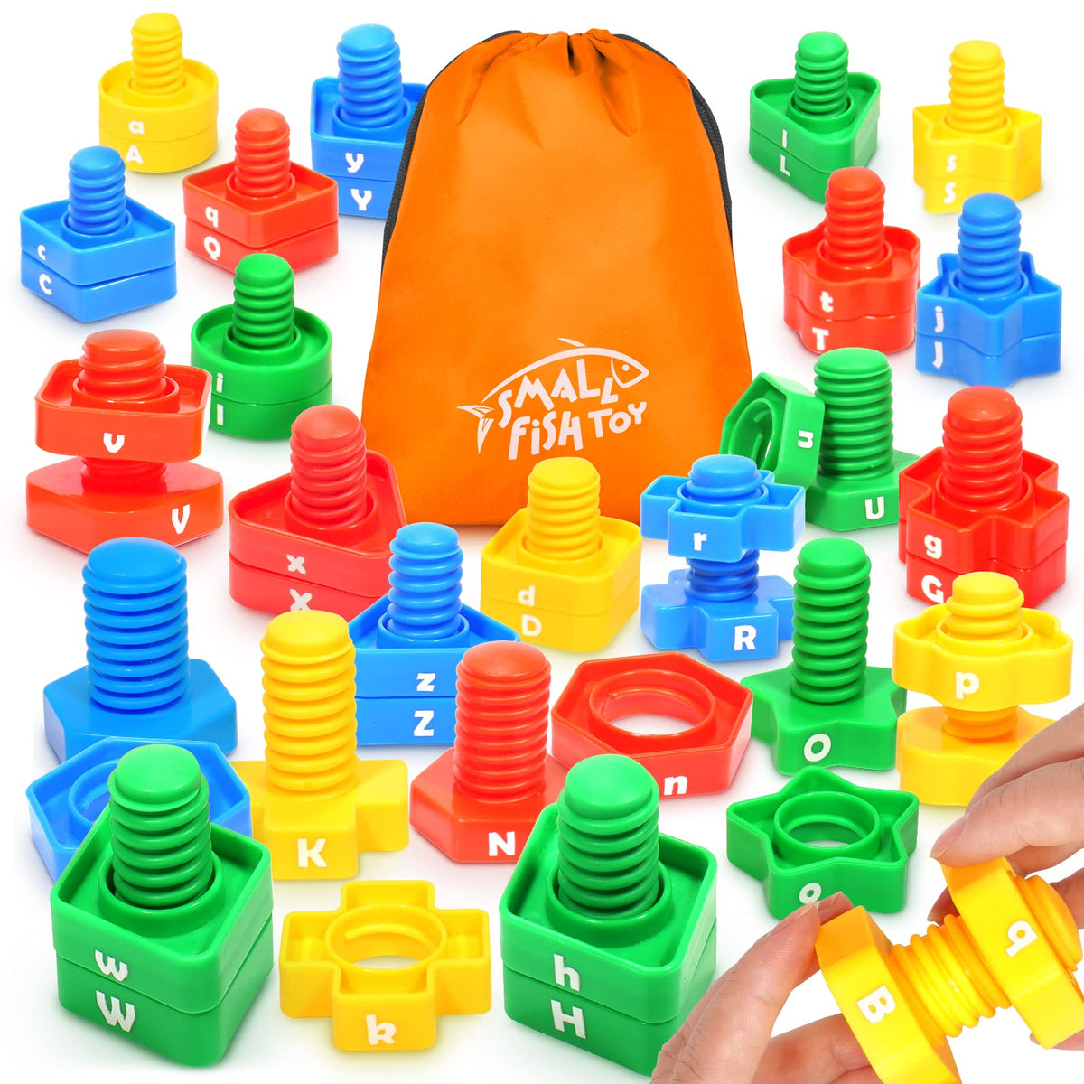Small Fish letters learning matching game with 52 nuts and bolts for alphabet practice.