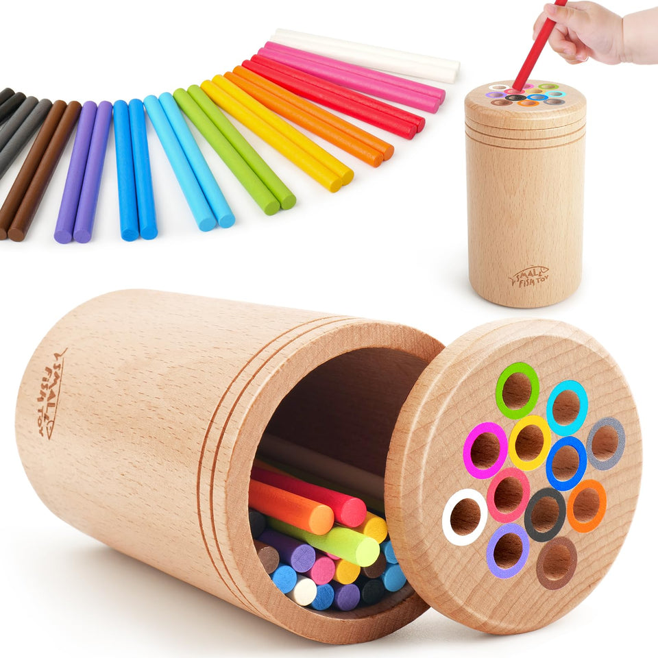 Small Fish Montessori peg insertion box for fine motor skill practice and color sorting.