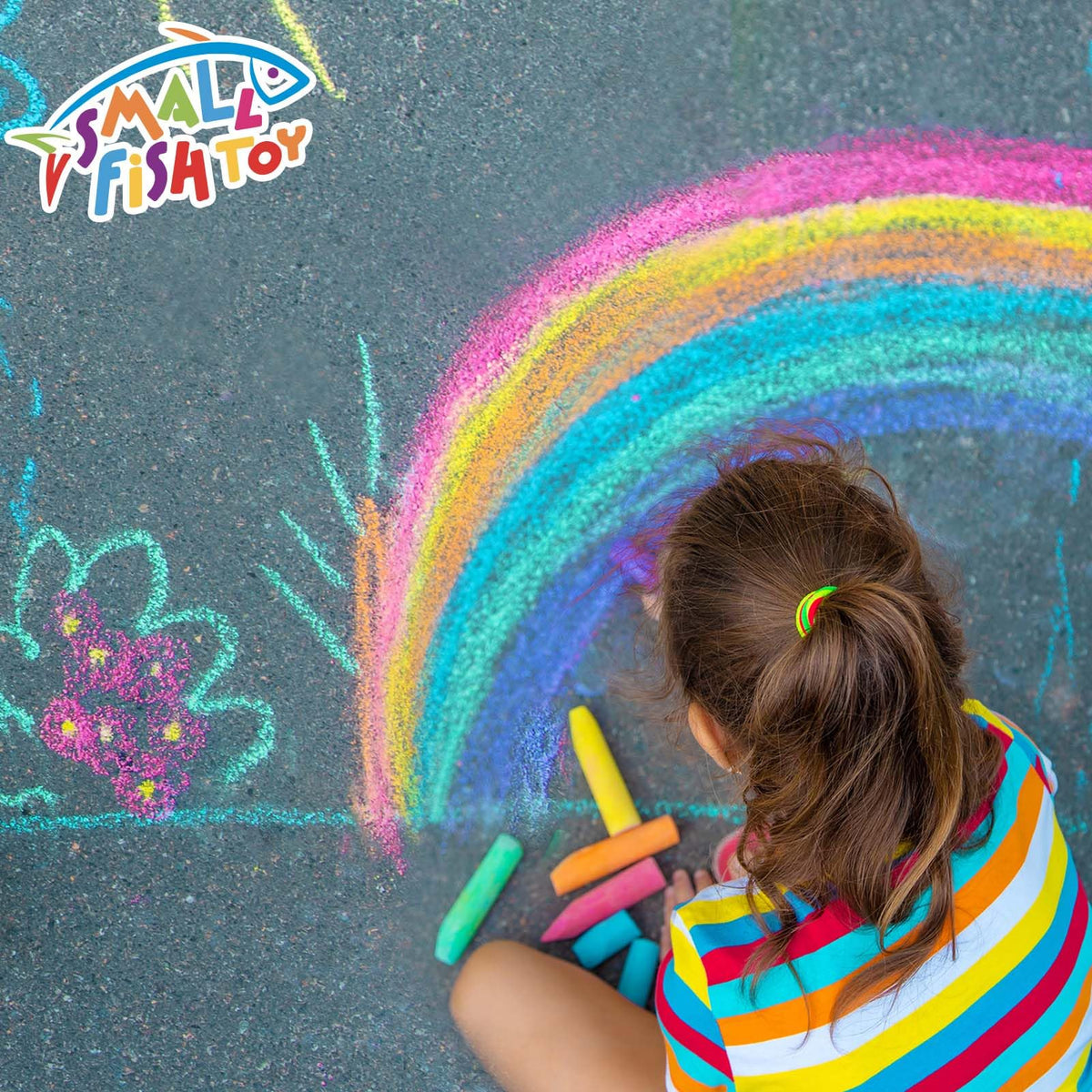 SMALL FISH washable chalk cleans easily from floors, clothes, and chalkboards with water.