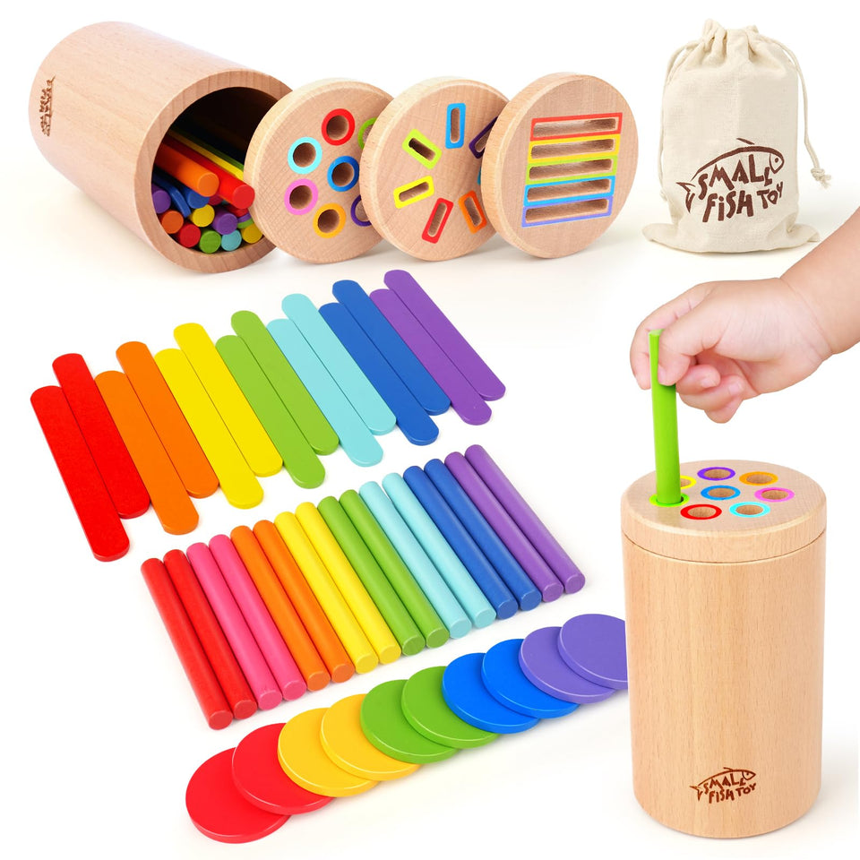 Small Fish wooden Montessori 3in1 toy with colorful sticks for fine motor practice.