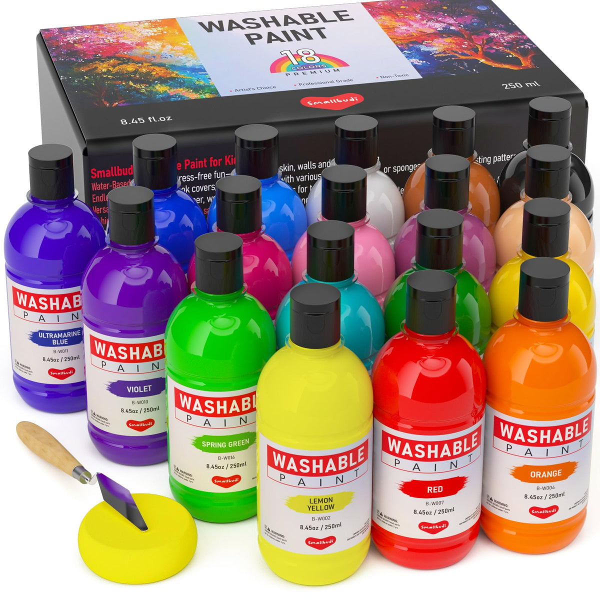Smallbudi 18-color washable paint bottles ready for classroom creativity and mess-free cleanup.