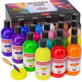 Smallbudi 18-color washable paint bottles ready for classroom creativity and mess-free cleanup.