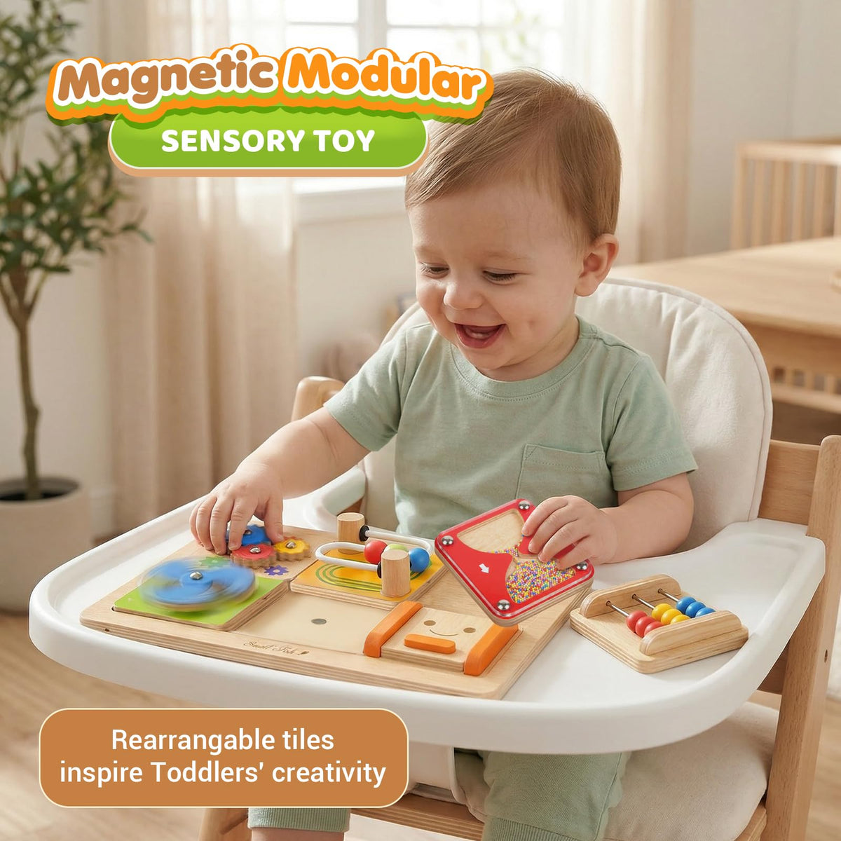 Small Fish Montessori Busy Board gear and windmills promote tactile exploration and tracking skills.