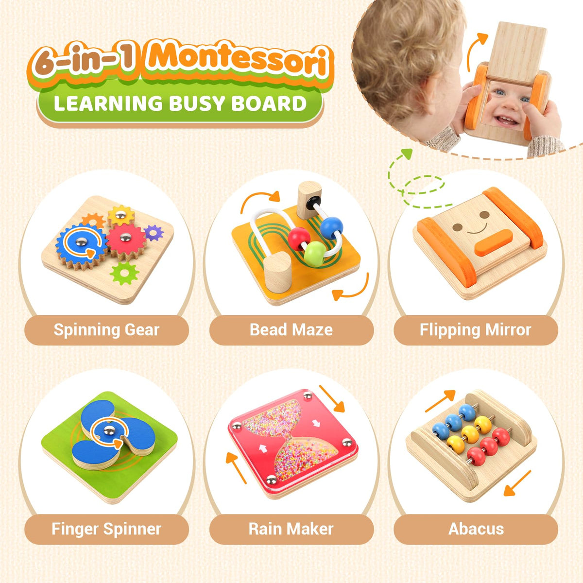 Small Fish Montessori Busy Board mirror flipping challenges encourage hand-eye coordination.