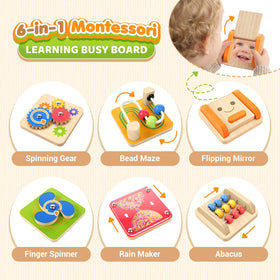 Small Fish Montessori Busy Board mirror flipping challenges encourage hand-eye coordination.
