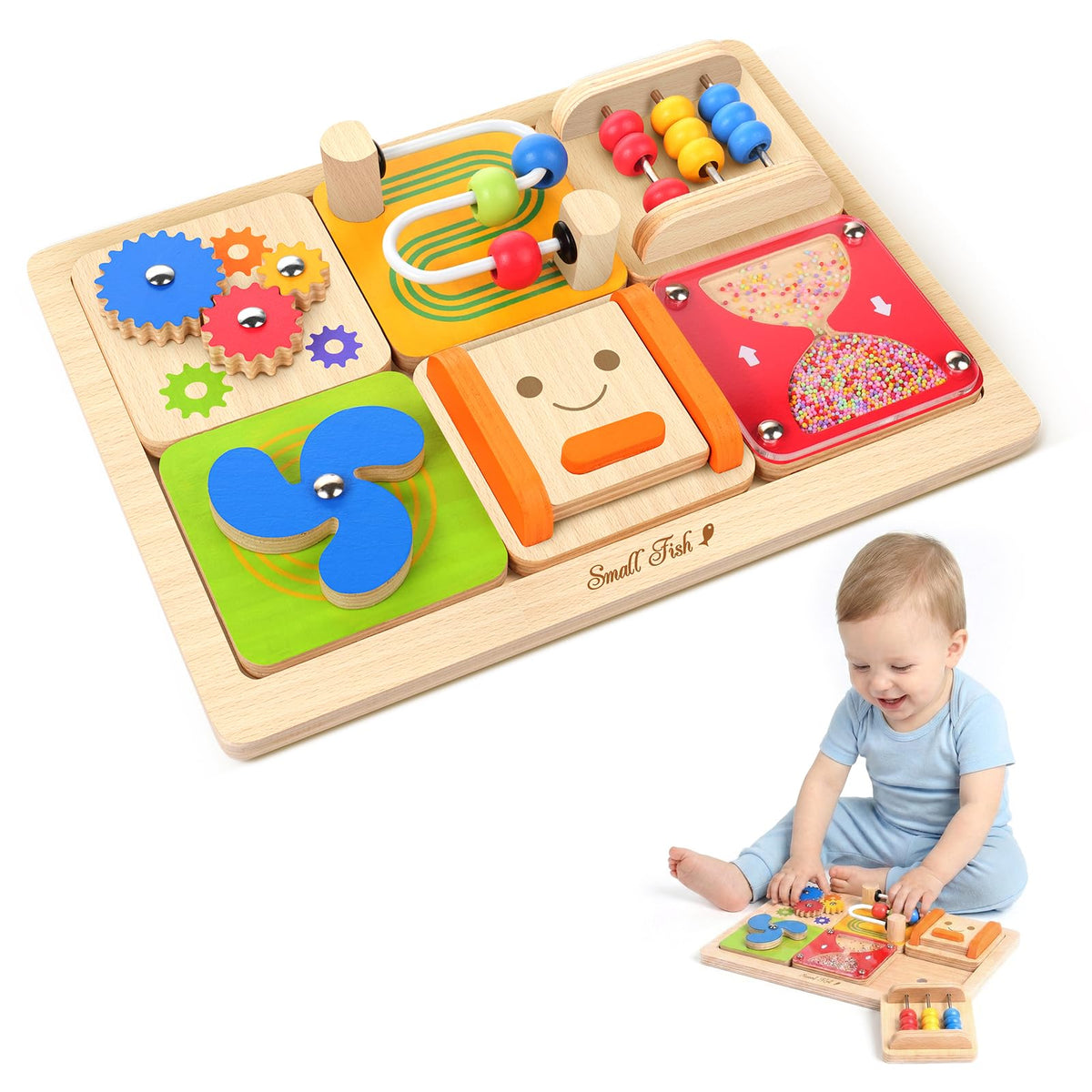 Small Fish Montessori Busy Board tiles for color sorting and fine motor practice.