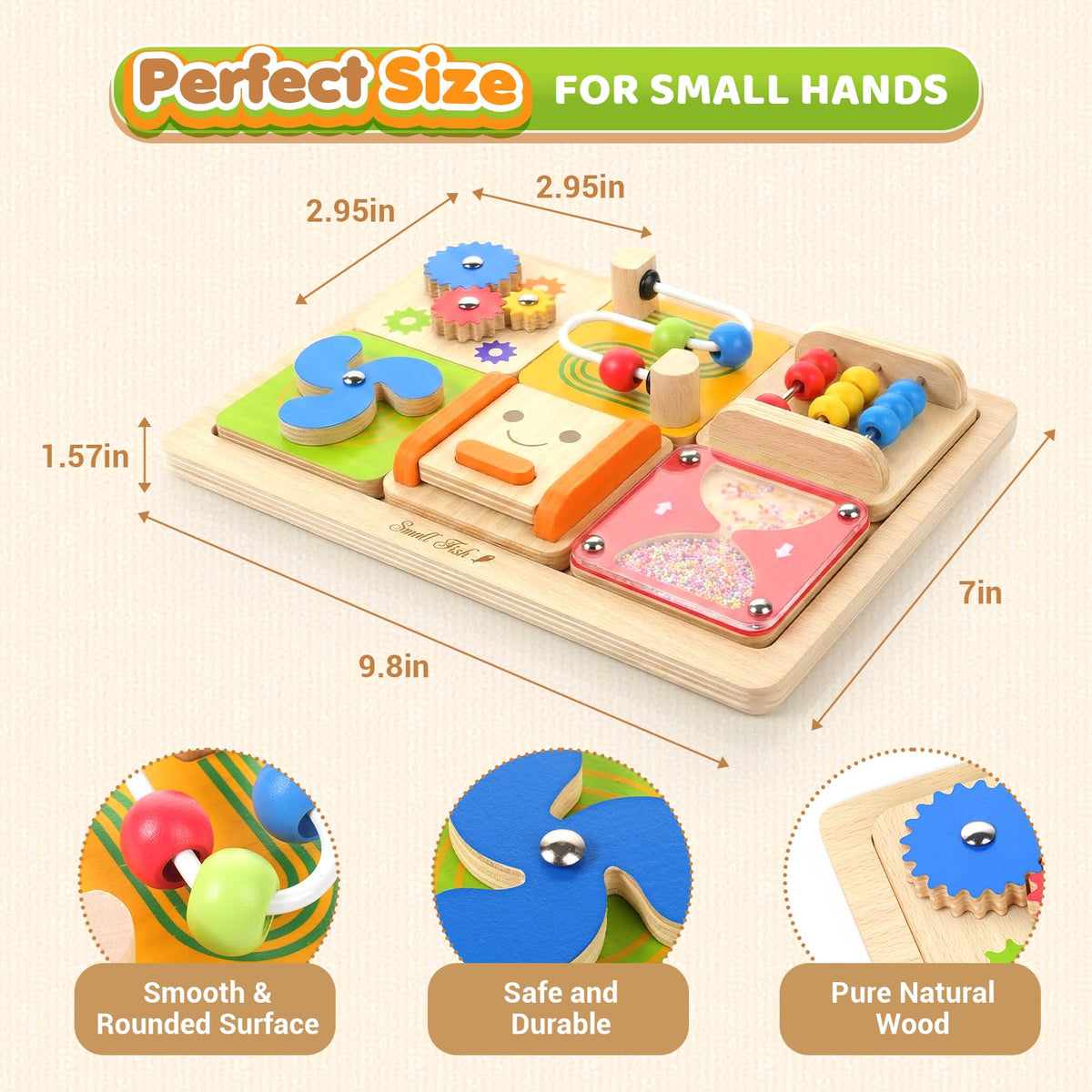 Small Fish Montessori Busy Board versatile learning toy for homes, clinics, and classrooms.