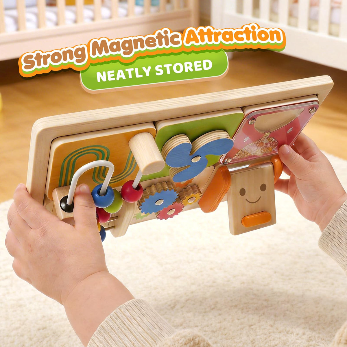 Small Fish portable Busy Board for travel keeps toddlers engaged during meals and trips.