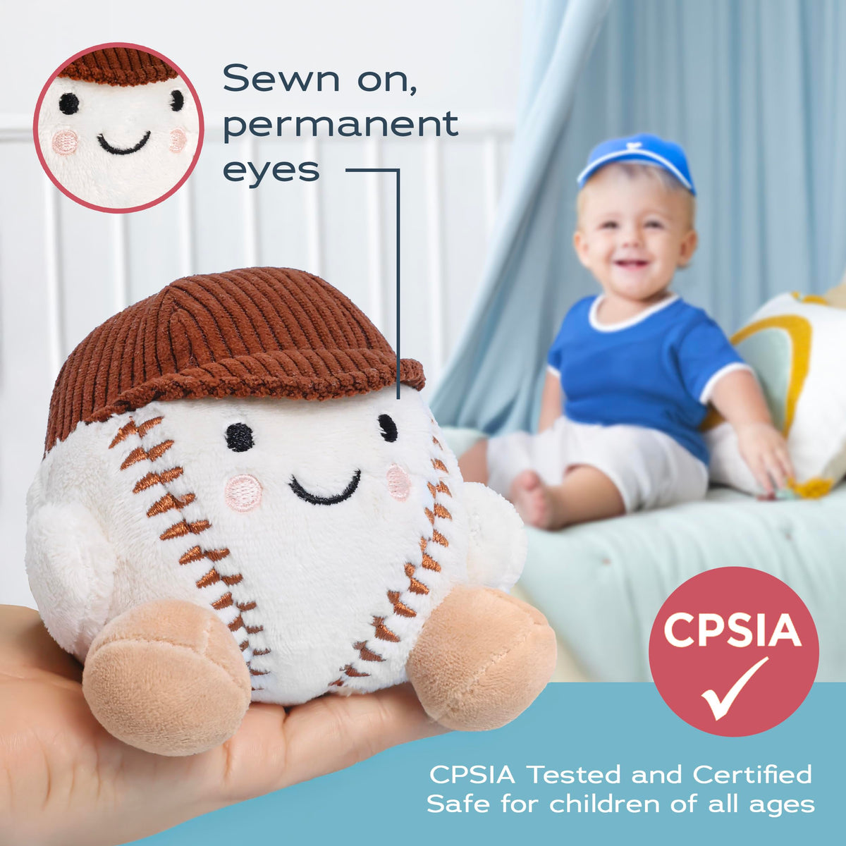 Smart and Sporty soft baseball plush—durable cuddle buddy for toddlers.